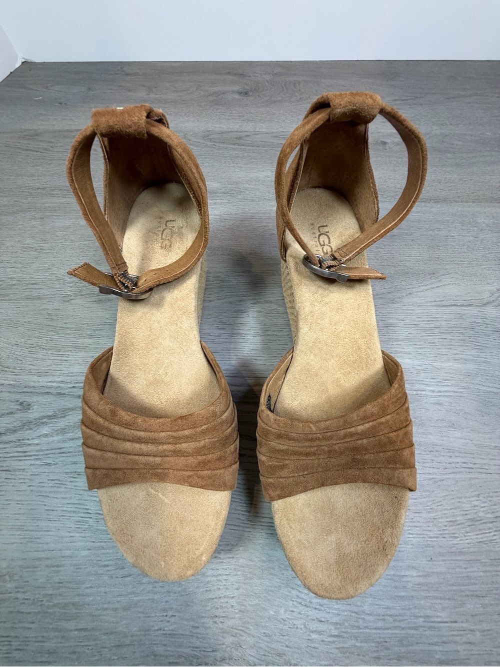 UGG Leanne Chestnut Suede Platform Wedge Ankle Strap Sandals Womens 9.5 NWOT